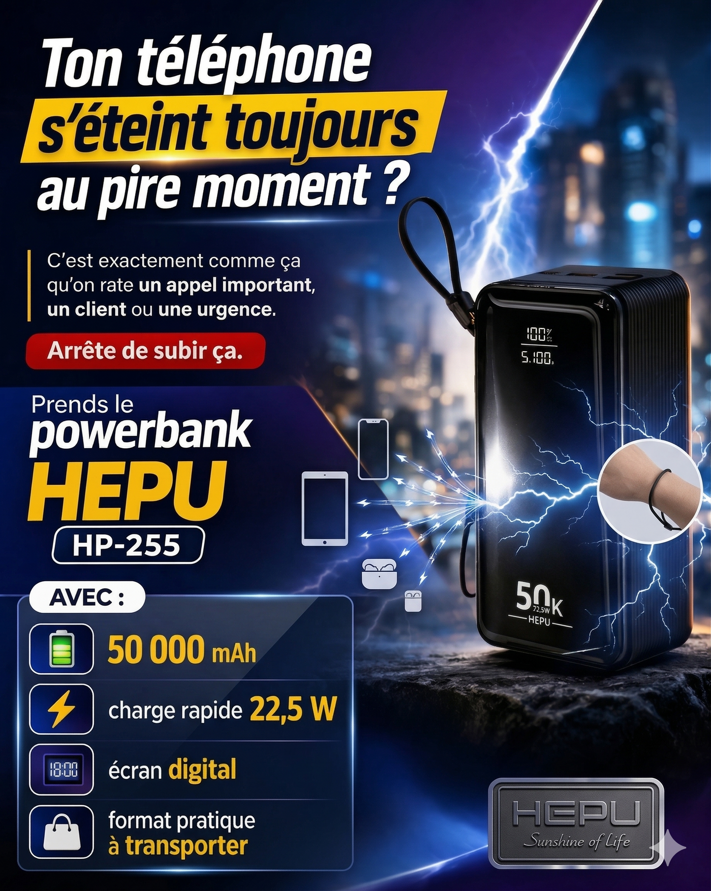 PowerBank HEPU 50 000mAh – Charge Rapide 22.5W