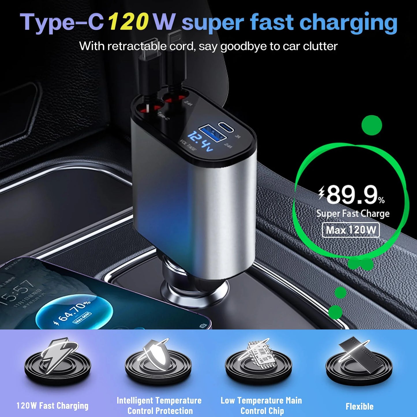 Chargeur de voiture multifonction 120W /66W avec câble rétractable 4-en-1