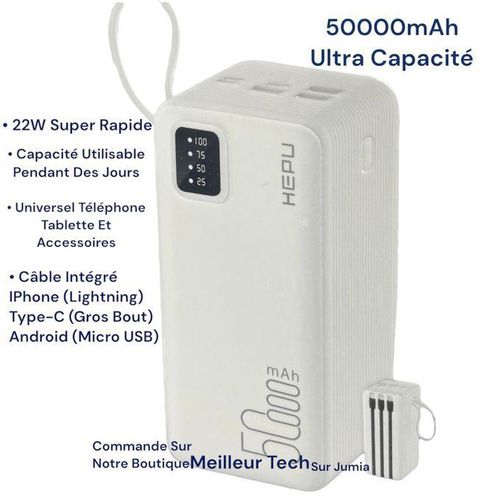 Power Bank HEPU HP‑244 blanc 50 000mAh – charge rapide 22W avec câbles intégrés
