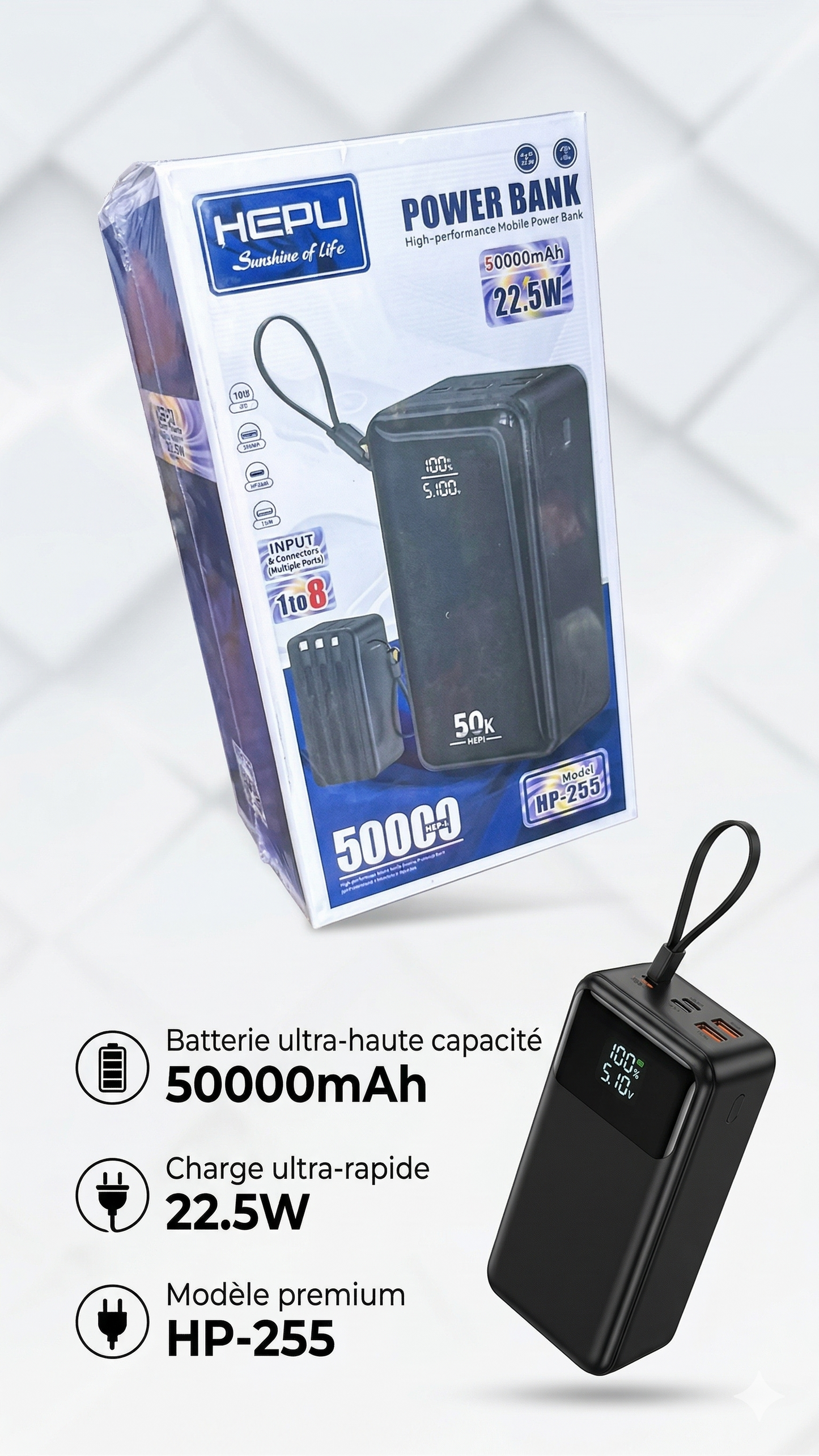 PowerBank HEPU 50 000mAh – Charge Rapide 22.5W
