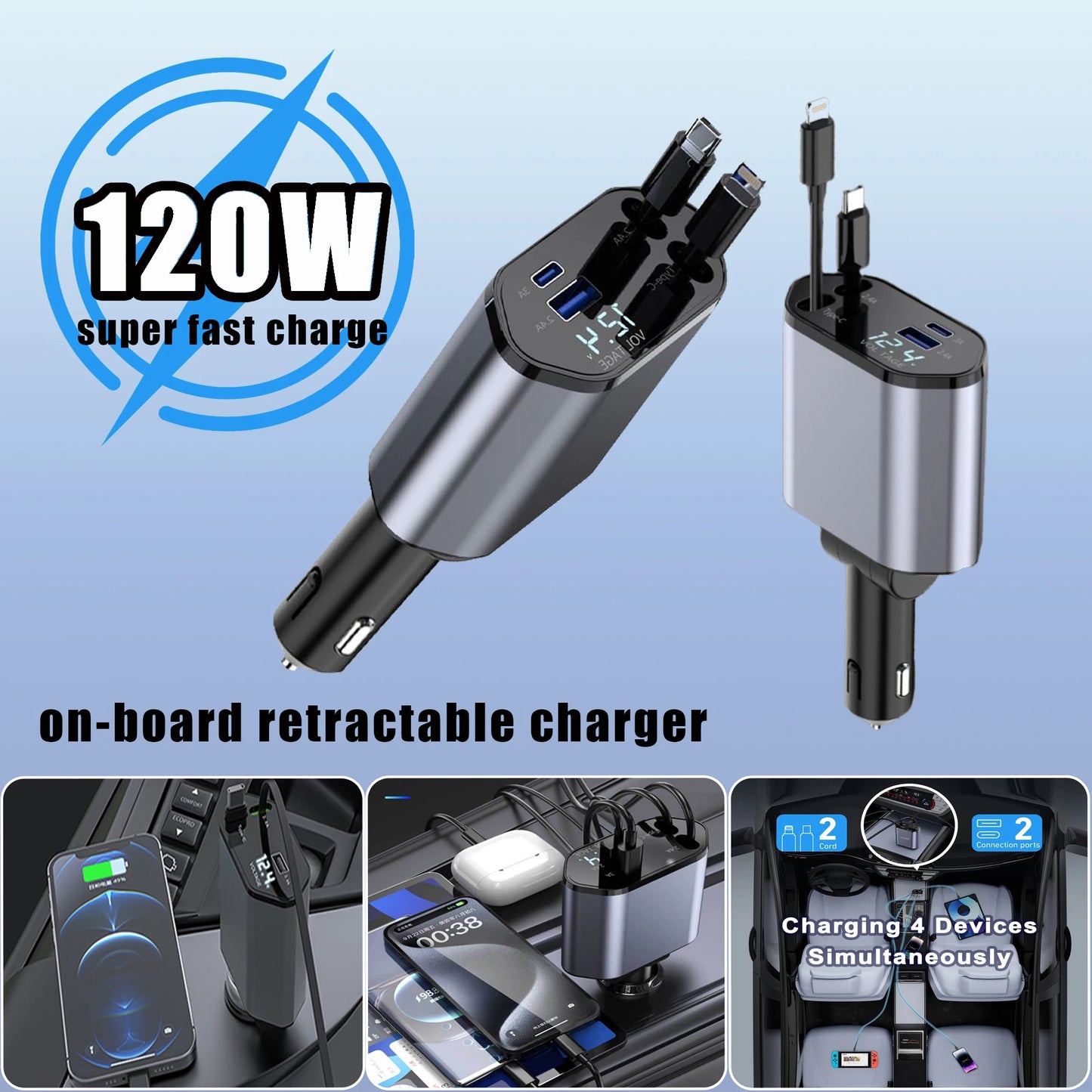 Chargeur de voiture multifonction 120W /66W avec câble rétractable 4-en-1